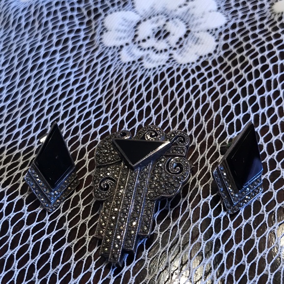 STERLING SILVER AND ONYX AND MARCASITE EARRINGS SET HANDCRAFTED - Picture 5 of 10